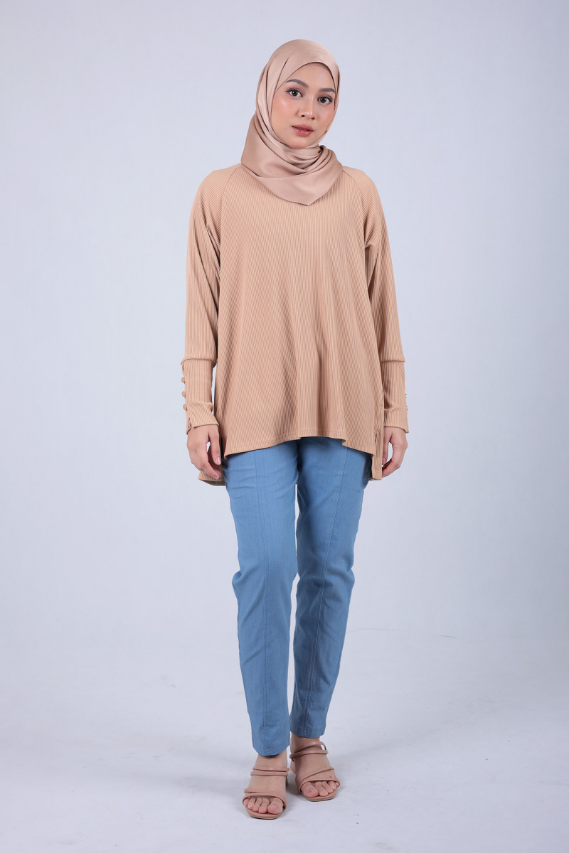 Cantaloupe Brown Lola Knit Top with Metal Button Cuff Sleeve