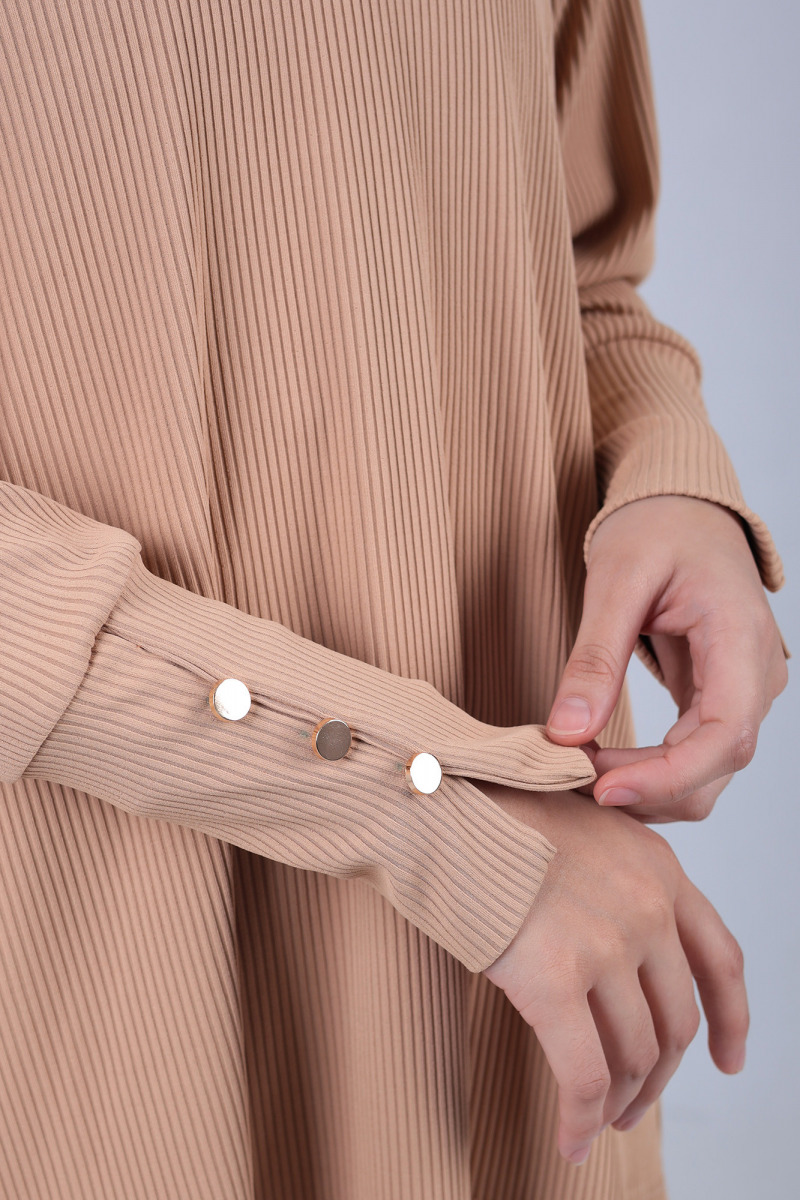 Cantaloupe Brown Lola Knit Top with Metal Button Cuff Sleeve