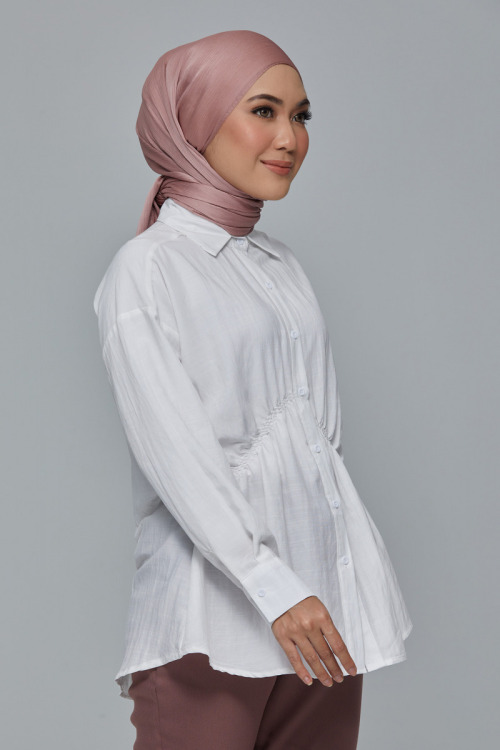 White Elena Elastic Gathered Waist Cotton Shirt
