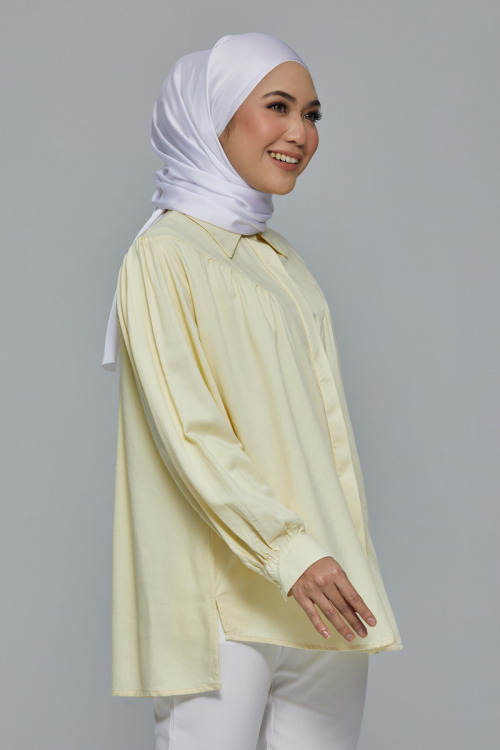 Light Yellow Dalya Collared Gathered Cotton Shirt