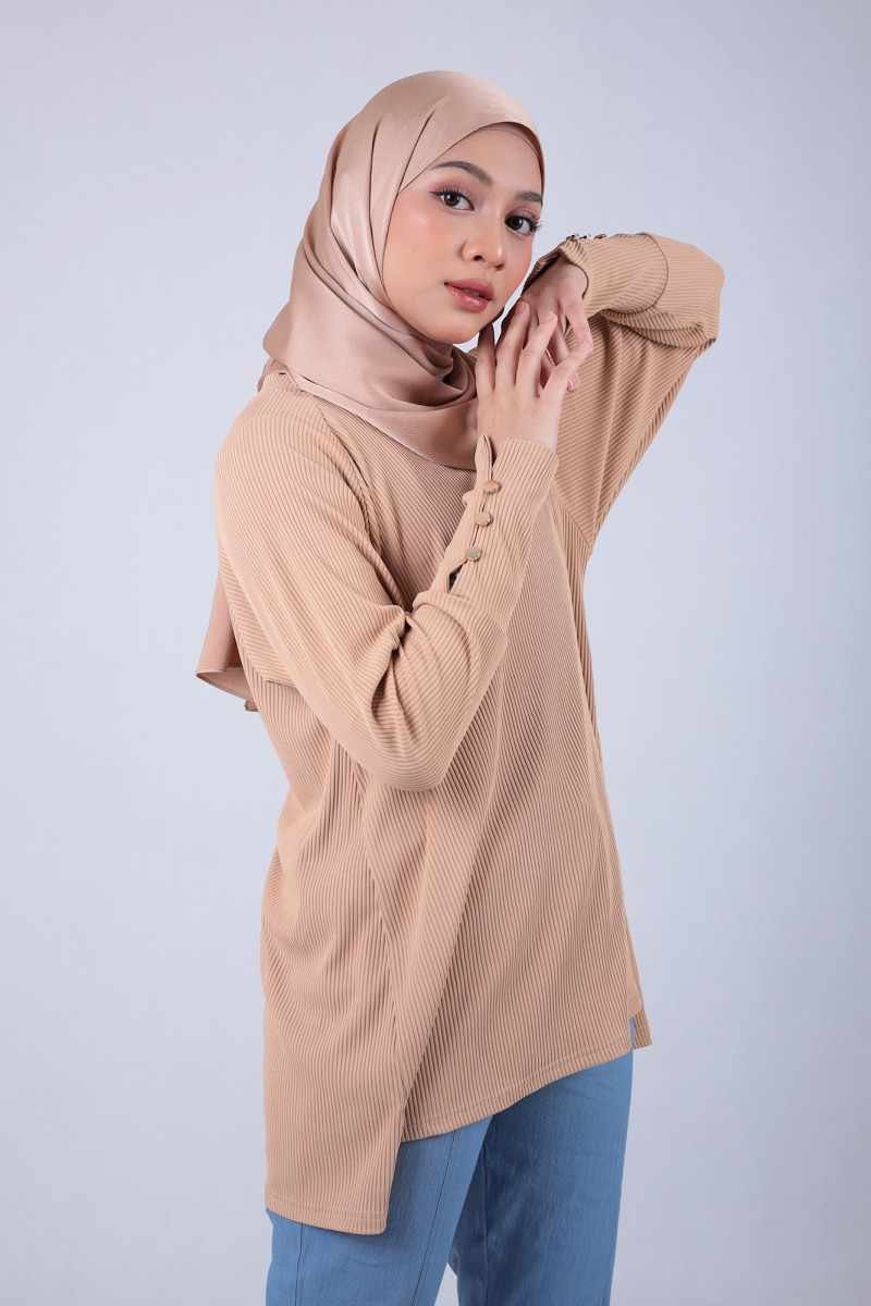 Cantaloupe Brown Lola Knit Top with Metal Button Cuff Sleeve