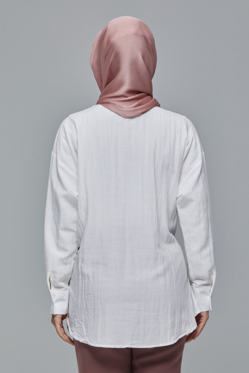 White Elena Elastic Gathered Waist Cotton Shirt