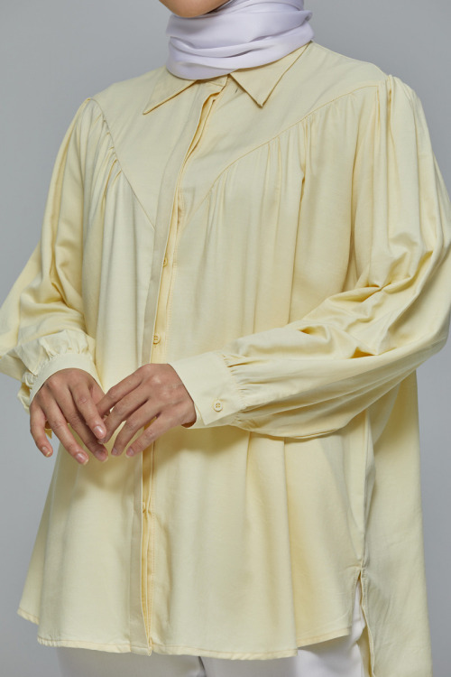 Light Yellow Dalya Collared Gathered Cotton Shirt