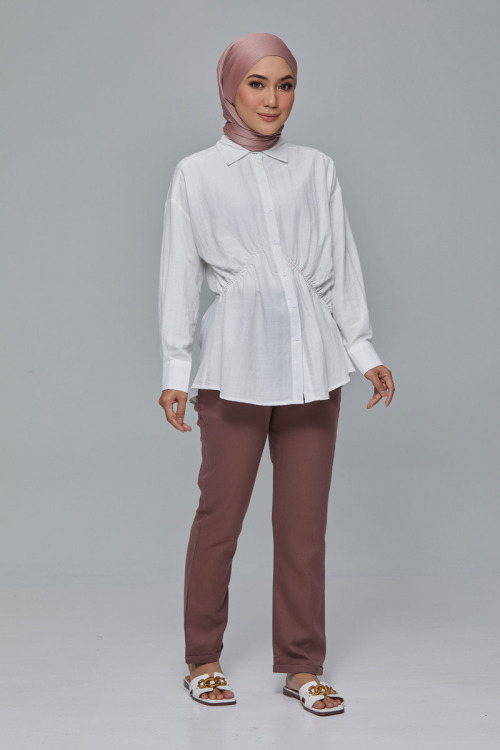 White Elena Elastic Gathered Waist Cotton Shirt