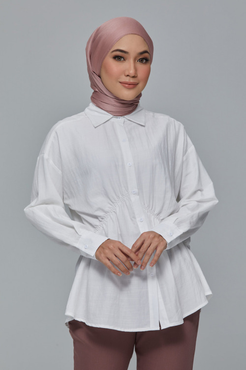 White Elena Elastic Gathered Waist Cotton Shirt