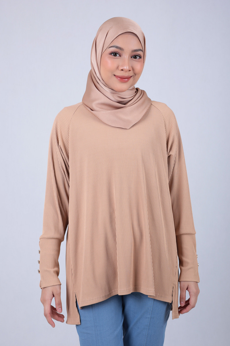 Cantaloupe Brown Lola Knit Top with Metal Button Cuff Sleeve