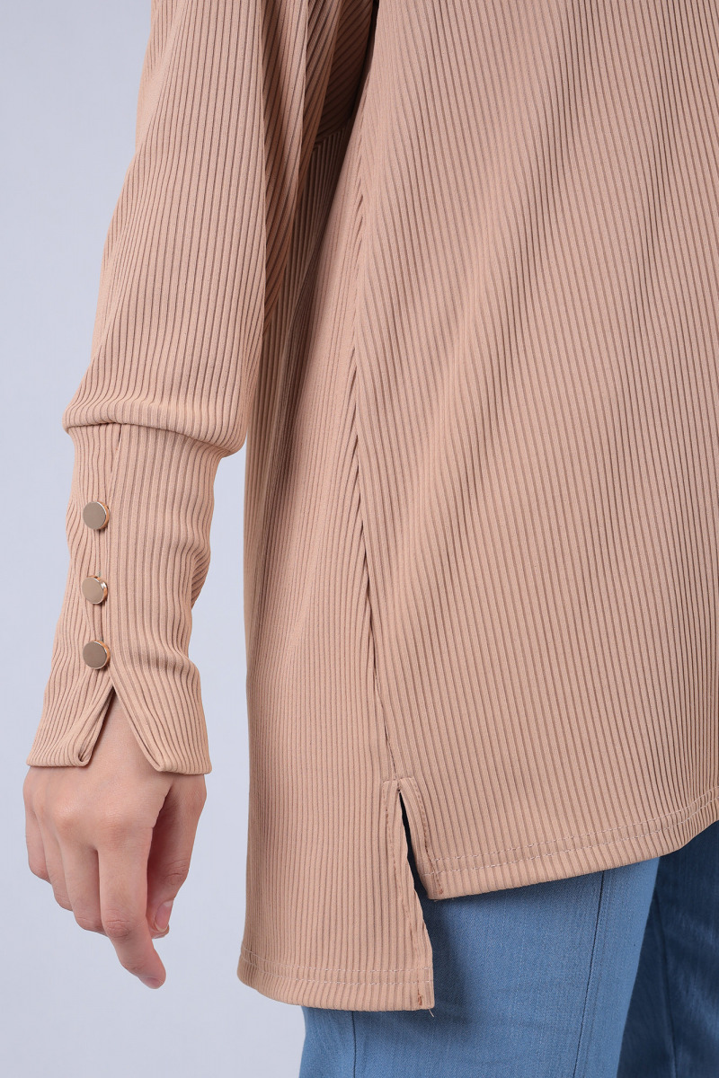 Cantaloupe Brown Lola Knit Top with Metal Button Cuff Sleeve
