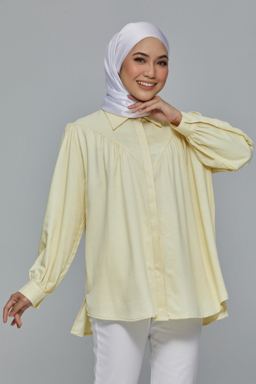 Light Yellow Dalya Collared Gathered Cotton Shirt