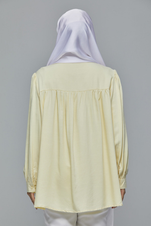 Light Yellow Dalya Collared Gathered Cotton Shirt