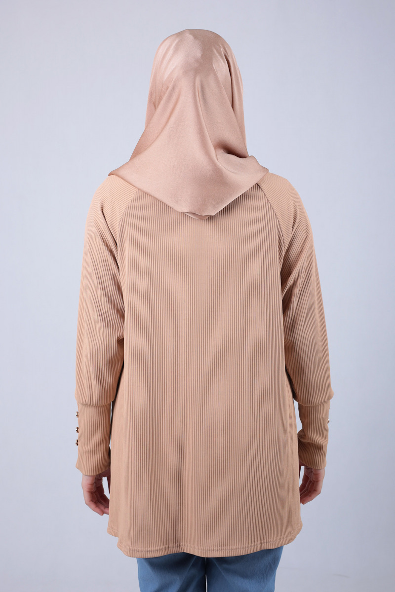 Cantaloupe Brown Lola Knit Top with Metal Button Cuff Sleeve