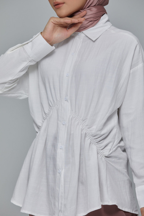 White Elena Elastic Gathered Waist Cotton Shirt