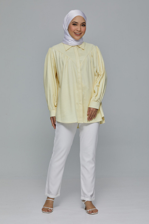 Light Yellow Dalya Collared Gathered Cotton Shirt