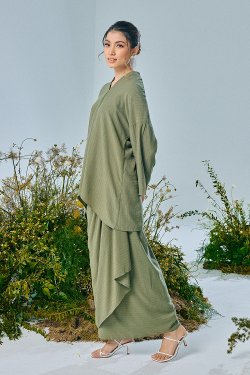 Green Elyse Cotton Draped Kurung