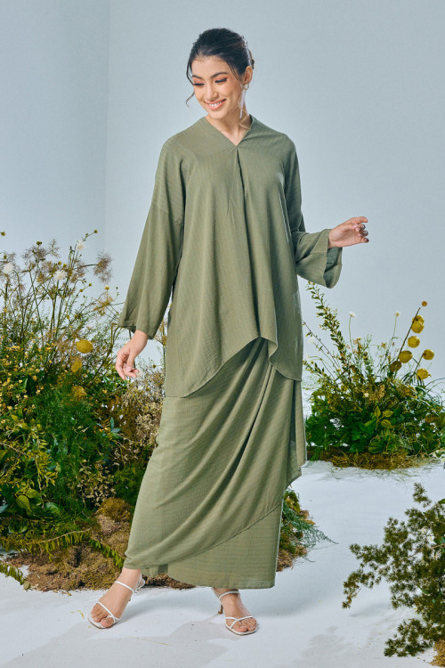 Green Elyse Cotton Draped Kurung