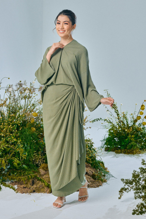 Green Elyse Cotton Draped Kurung
