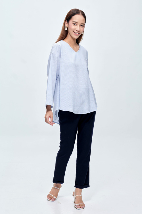 Blue Tyra V-Neck Loose Top