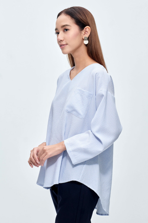 Blue Tyra V-Neck Loose Top