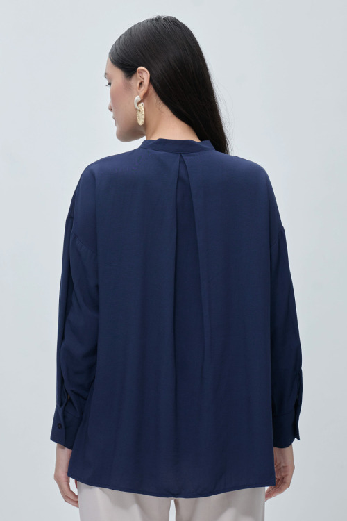 Dark Blue Billie Pleated Neck Blouse