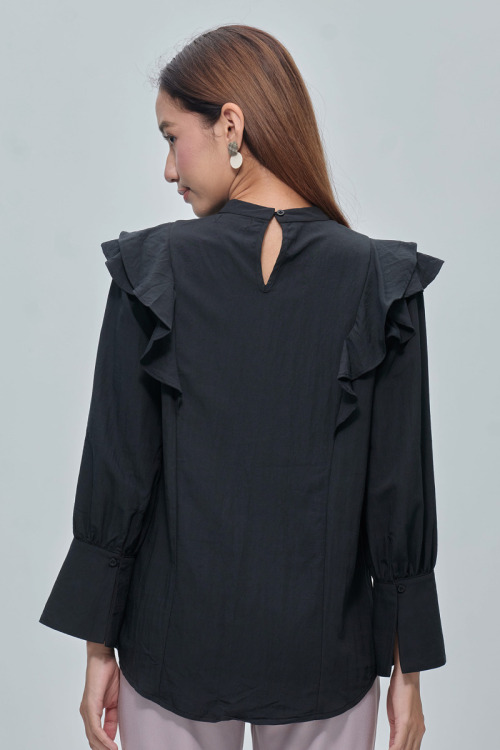 Black Giana Cotton Ruffle Trim Blouse