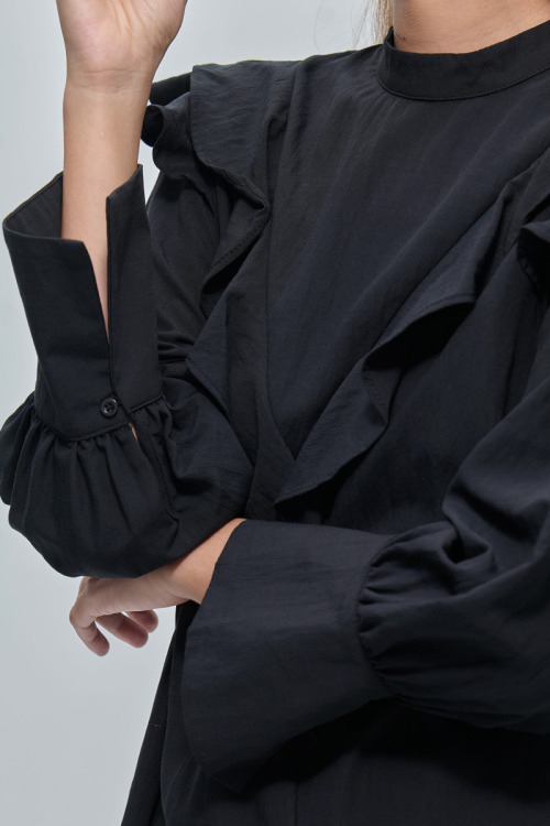 Black Giana Cotton Ruffle Trim Blouse