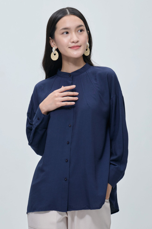 Dark Blue Billie Pleated Neck Blouse
