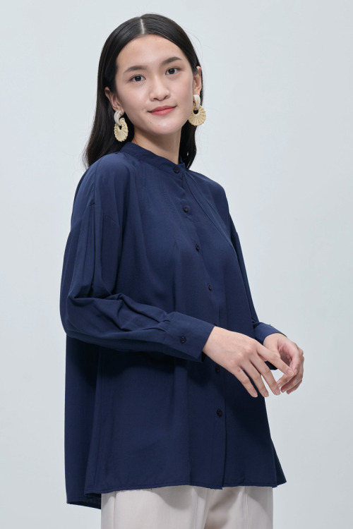 Dark Blue Billie Pleated Neck Blouse