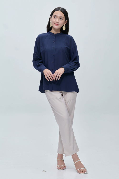 Dark Blue Billie Pleated Neck Blouse