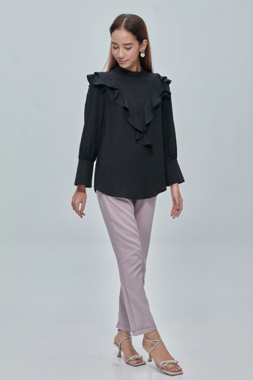 Black Giana Cotton Ruffle Trim Blouse