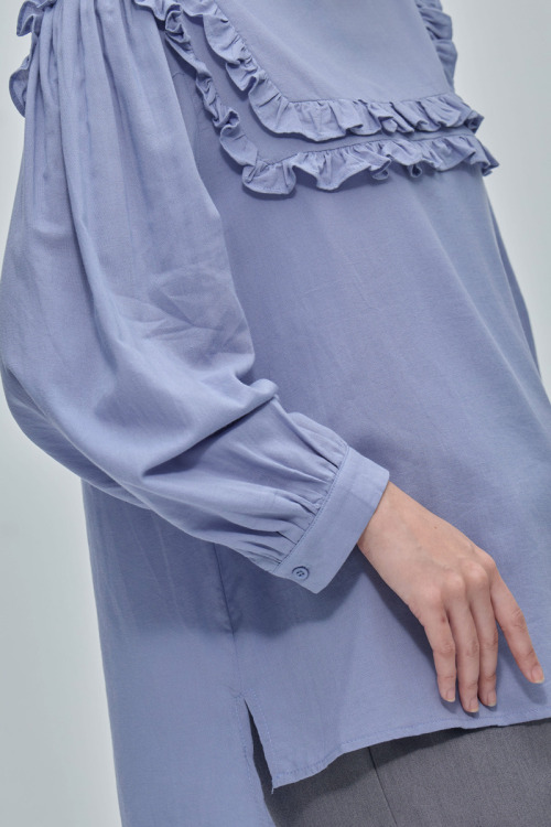 Blue Livia Ruffle Cotton Blouse