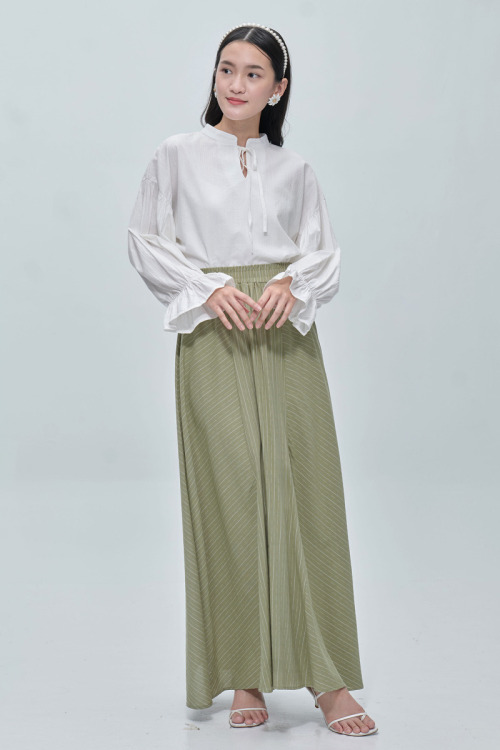 Green Elinie Stripes Maxi Cotton Skirt