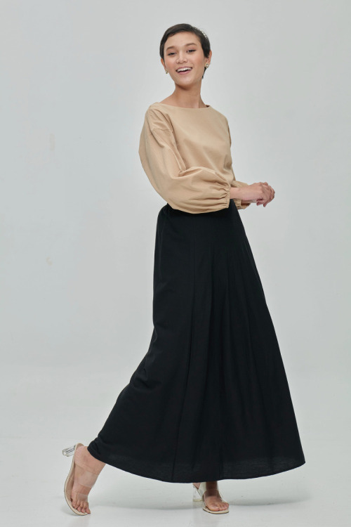 Black Liera Cotton Pleated Maxi Skirt