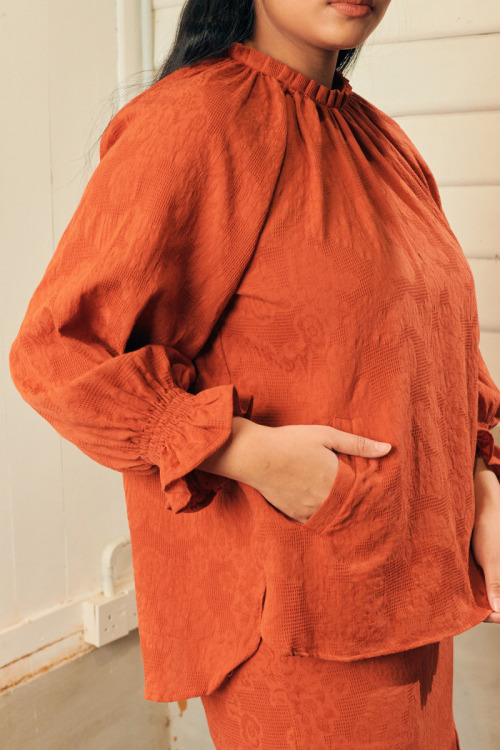 Brick Orange Nasreen Ruffle Textured Cotton Kurung